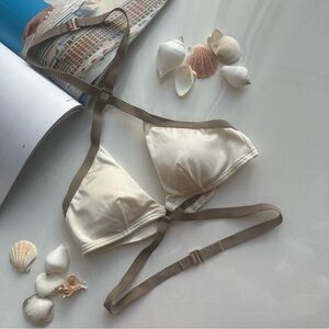 Victoria’s Secret Halter Triangle Bikini Top w/ Waist Straps Cream & Brown Trim